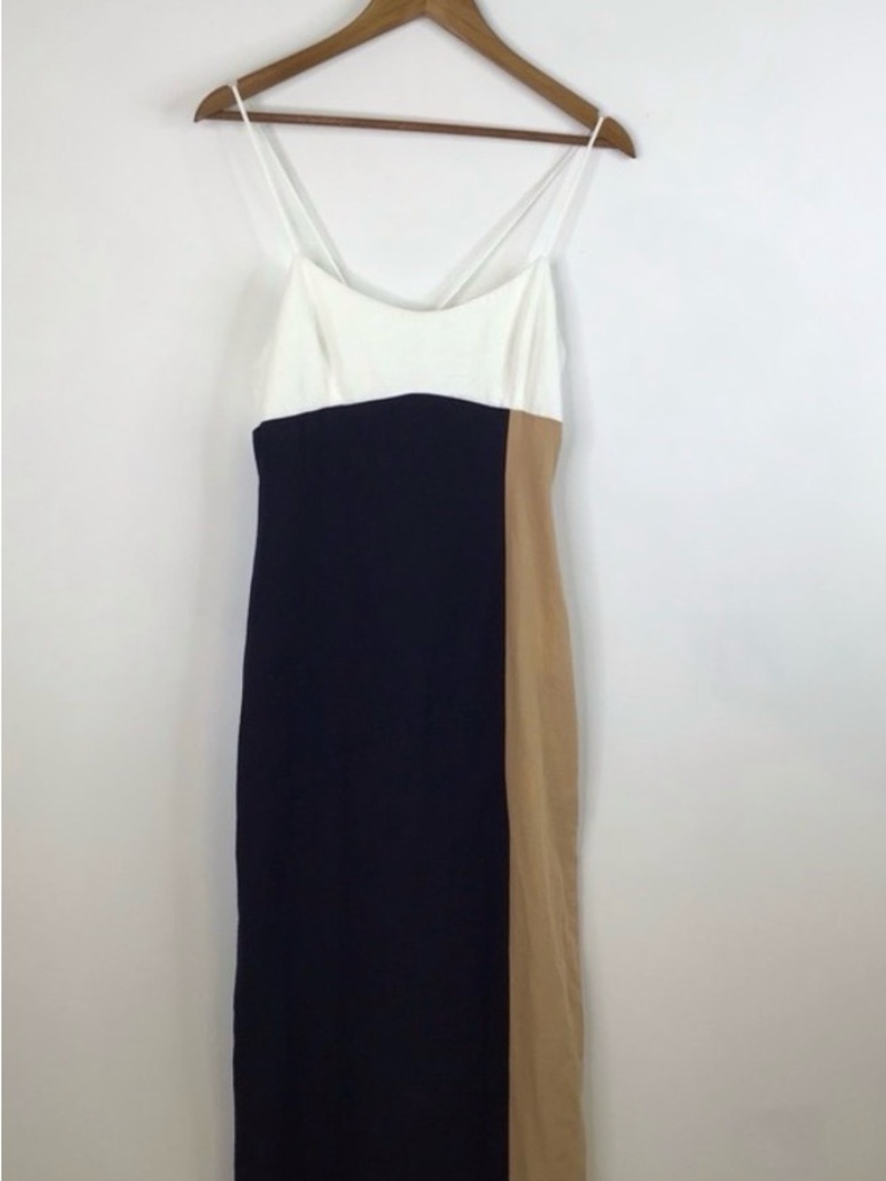 Zara White, Navy & Tan Colorblock Spaghetti Strap Maxi Dress